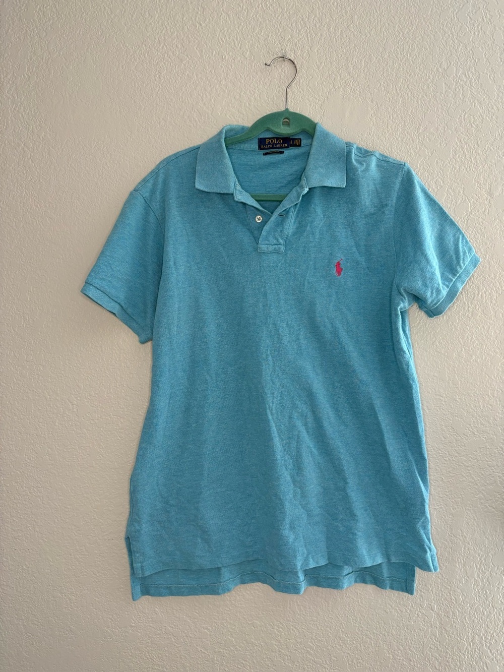 Polo Ralph Lauren Men’s Blue Teal Polo Shirt Pink Pony Large Custom Fit